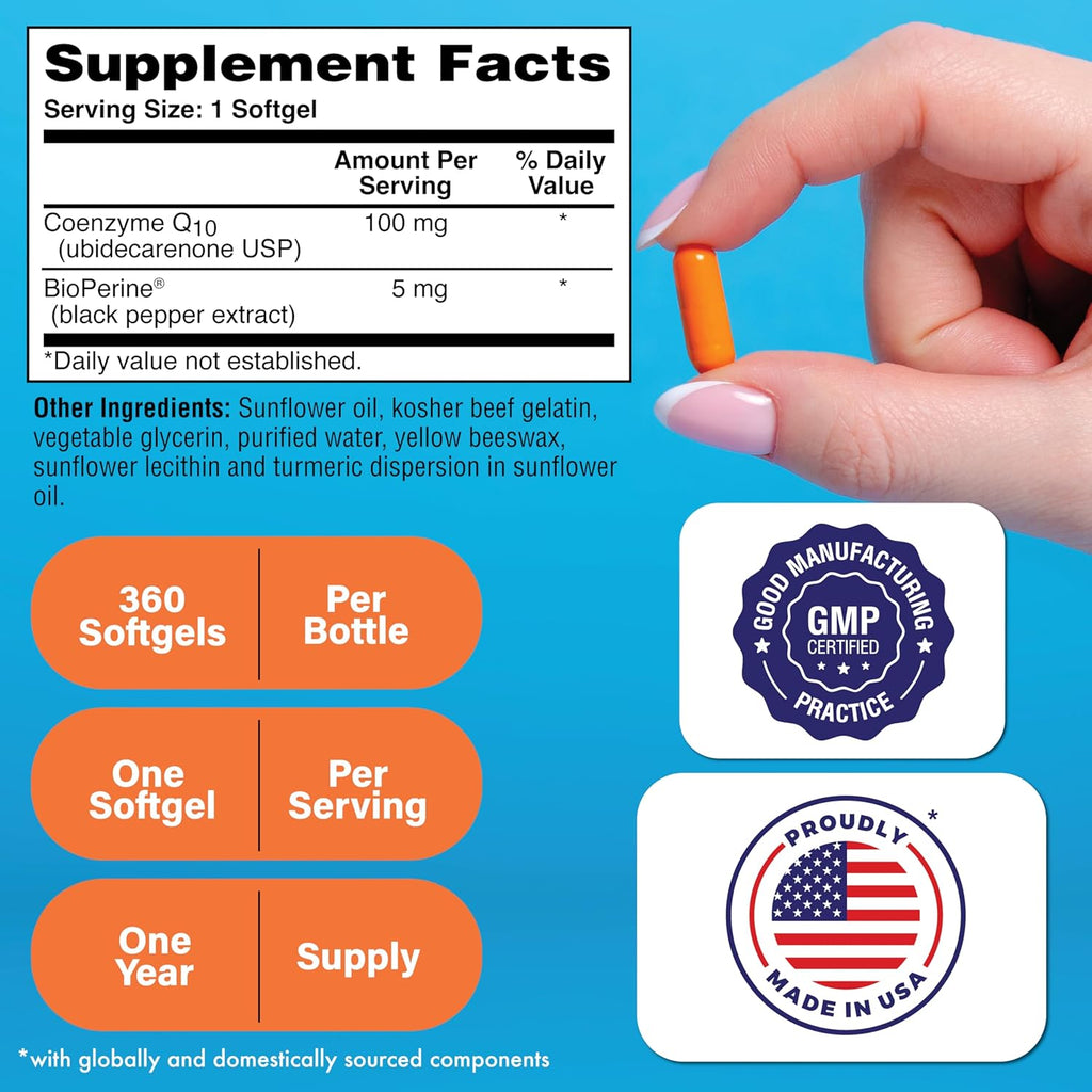 Health Thru Nutrition CoQ-10 100mg with BioPerine 360 Softgels | High Absorption Naturally Fermented USP Grade Coenzyme Q10 Supplement | 3rd Party Tested | Heart Health and Energy Support