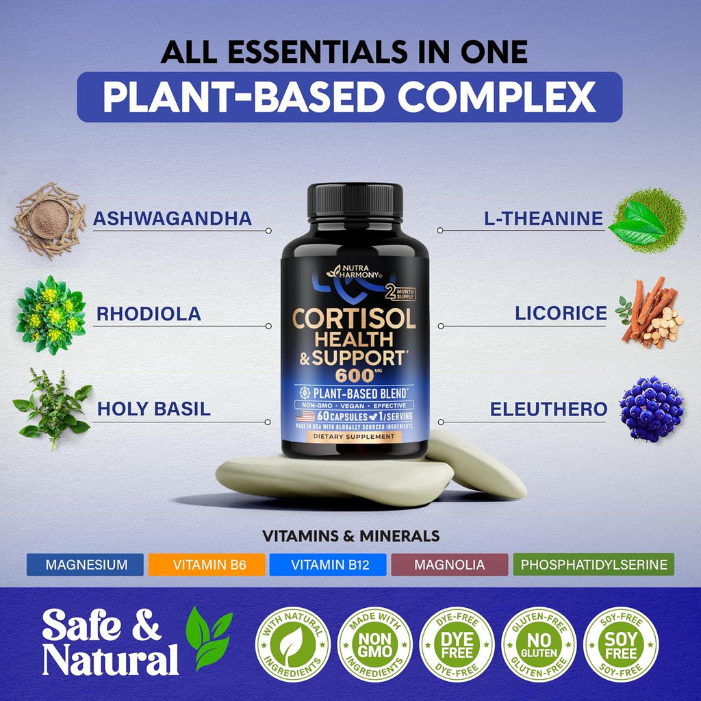 Cortisol Supplement for Women - Holy Basil | Ashwagandha | Rhodiola | L-Theanine - Plant-Based Hormone Balance - Mood, Focus & Sleep Support - Made in USA - Vegan, Non-GMO - Pack of 2, 4 Month Supply