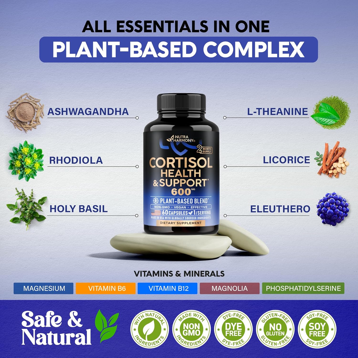 Cortisol Supplement for Women - Holy Basil | Ashwagandha | Rhodiola | L-Theanine - Plant-Based Hormone Balance - Mood, Focus & Sleep Support - Made in USA - Vegan, Non-GMO - Pack of 2, 4 Month Supply