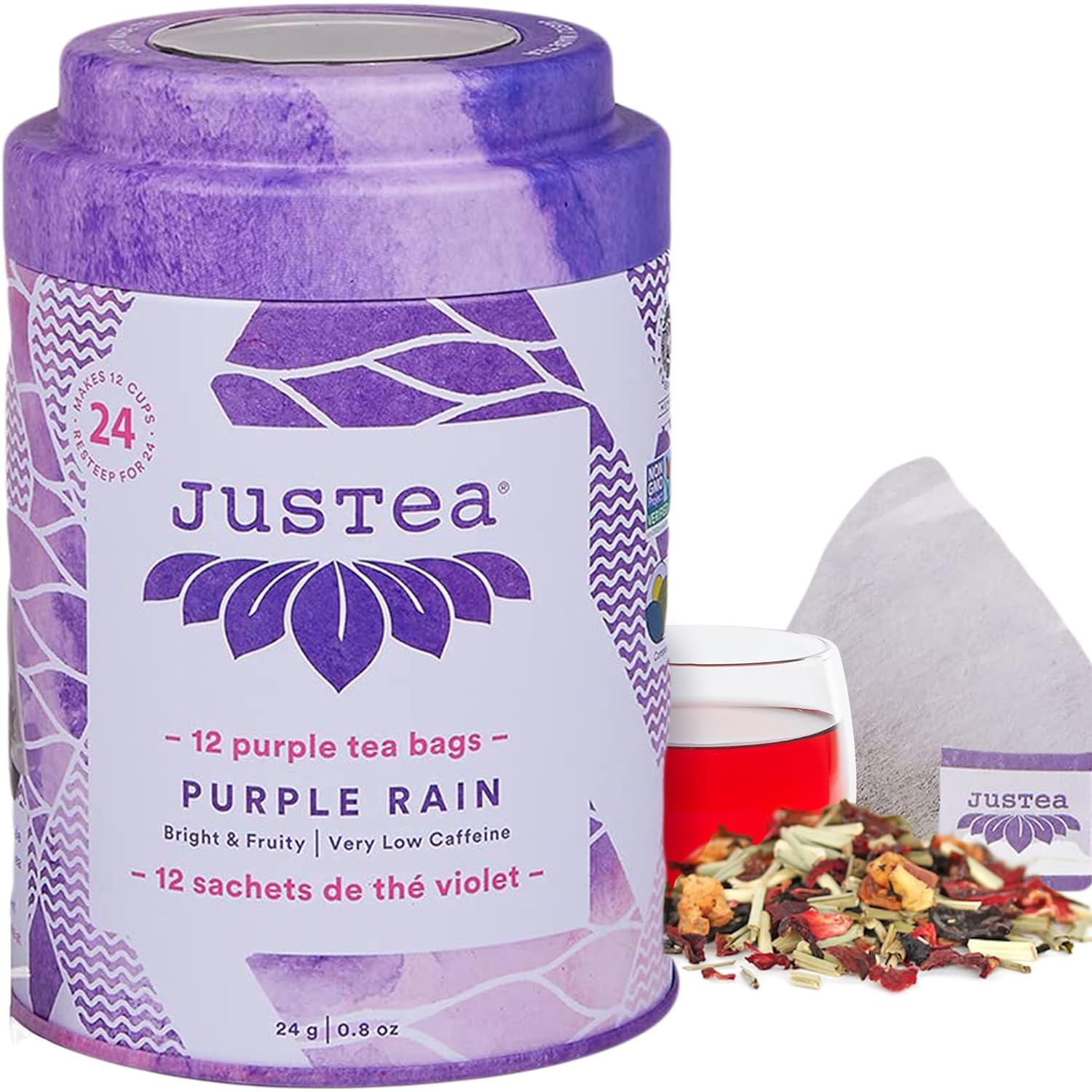 JusTea Purple Rain | Pyramid Compostable Tea Bags | Purple Tea | 12+ Cups | Very Low Caffeine | Award-Winning | Fair Trade | Non-GMO