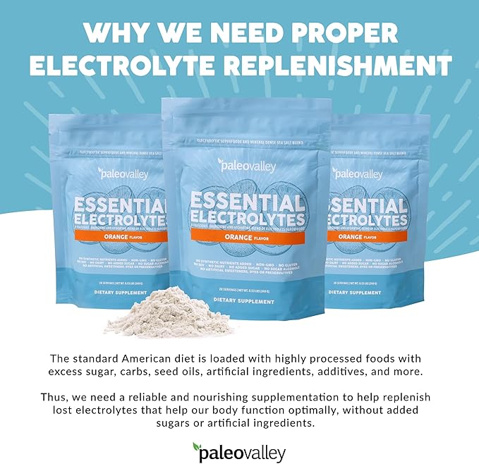 Paleovalley Essential Electrolytes Powder - Full Spectrum Orange Electrolyte Powder for Hydration, Energy and Muscle Recovery - No Sugar Added