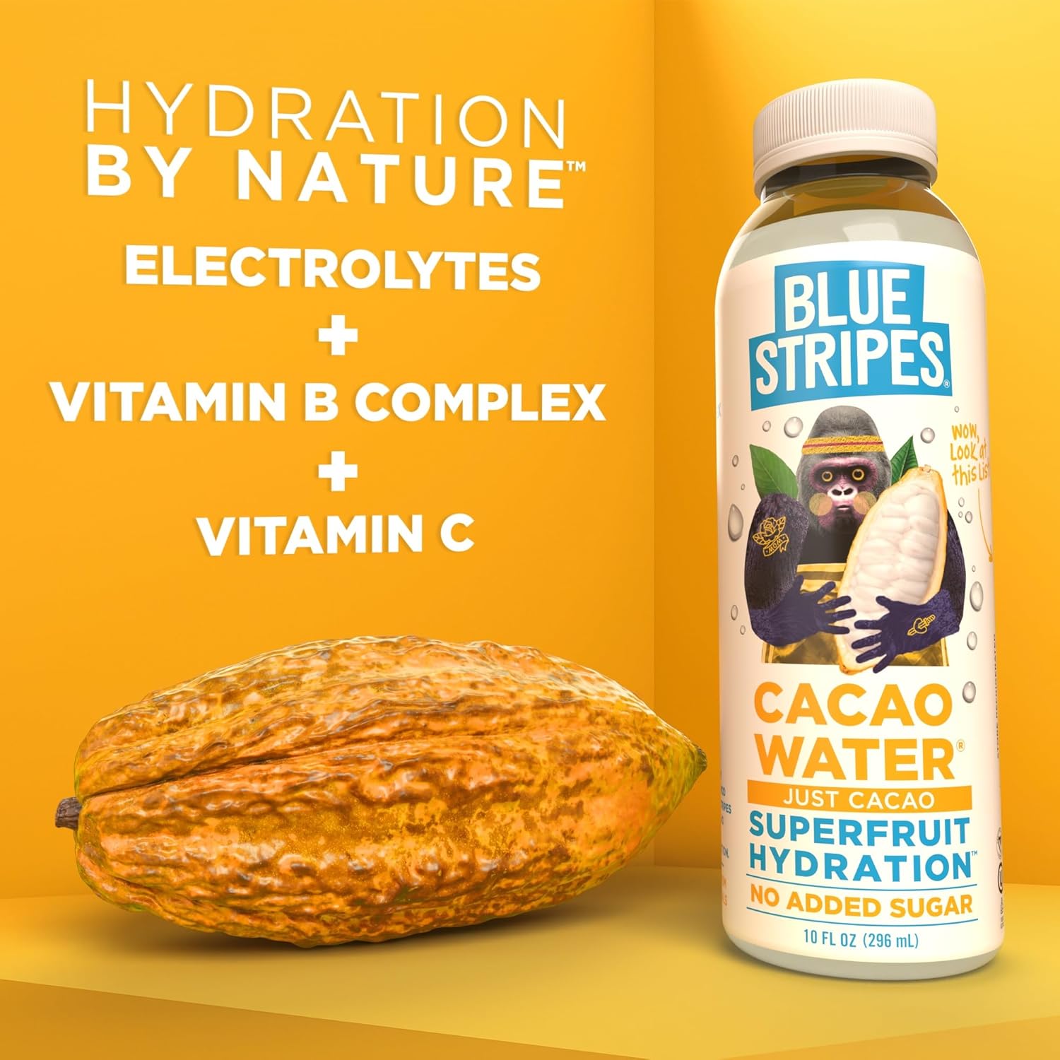 Blue Stripes Cacao Water - Cold Pressed Superfruit Hydration with Electrolytes & Antioxidants, No Sugar Added, All Natural, Great for Protein Shakes & Smoothies - Just Cacao, 12 Pack