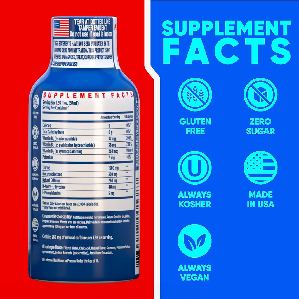 Vitamin Energy B12 11,000% Extra Strength Energy Shot Açaí Pomegranate 48 Pack, 260mg Natural Caffeine, B12 & B6, Nootropic Focus, Vitality, Zero Sugar, Gluten-Free, Vegan, Kosher, 1.93 fl oz