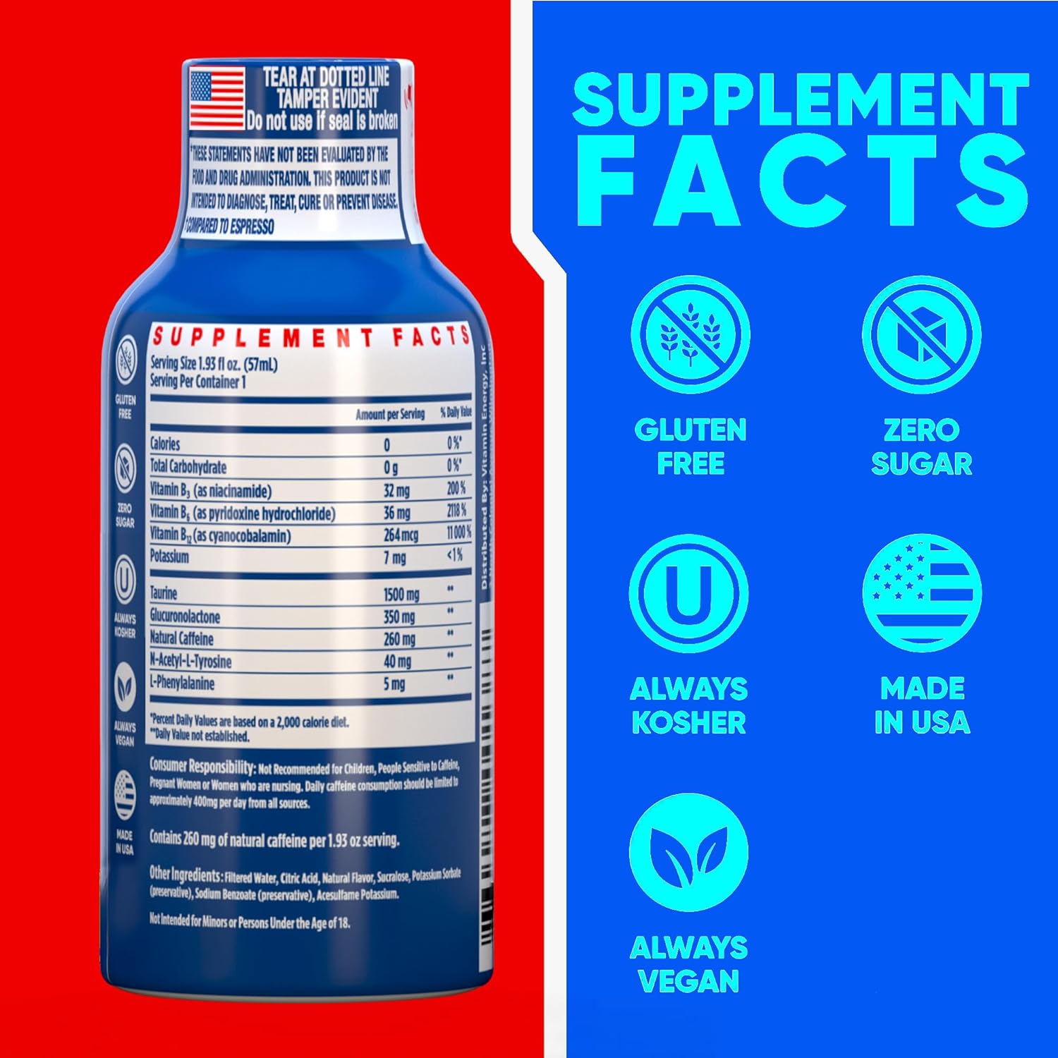 Vitamin Energy B12 11,000% Extra Strength Energy Shot Açaí Pomegranate 48 Pack, 260mg Natural Caffeine, B12 & B6, Nootropic Focus, Vitality, Zero Sugar, Gluten-Free, Vegan, Kosher, 1.93 fl oz
