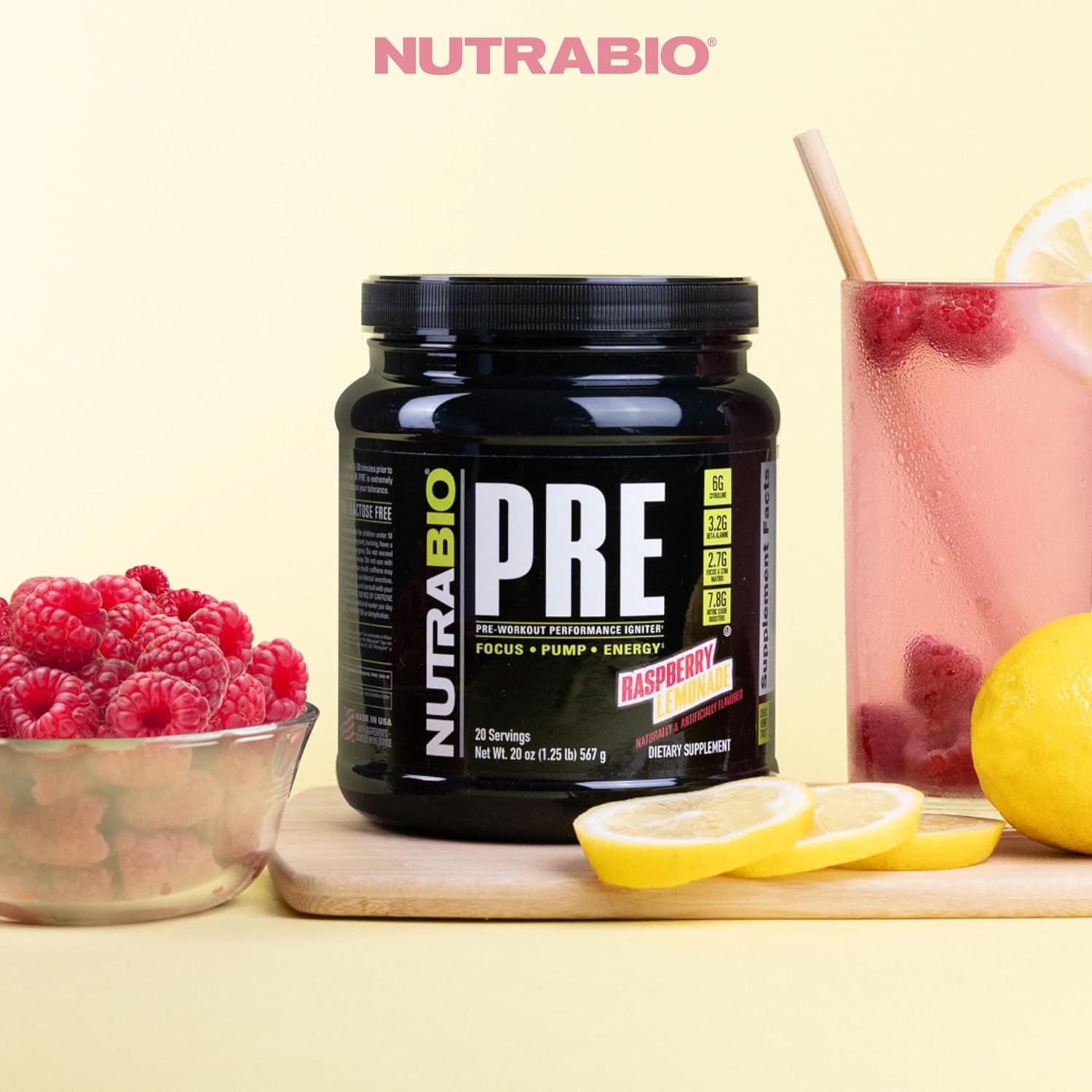 NutraBio PRE Workout Powder - Old Formula- Sustained Energy, Mental Focus, Endurance - Beta Alanine, Creatine, Caffeine, Electrolytes - 20 Servings - Raspberry Lemonade