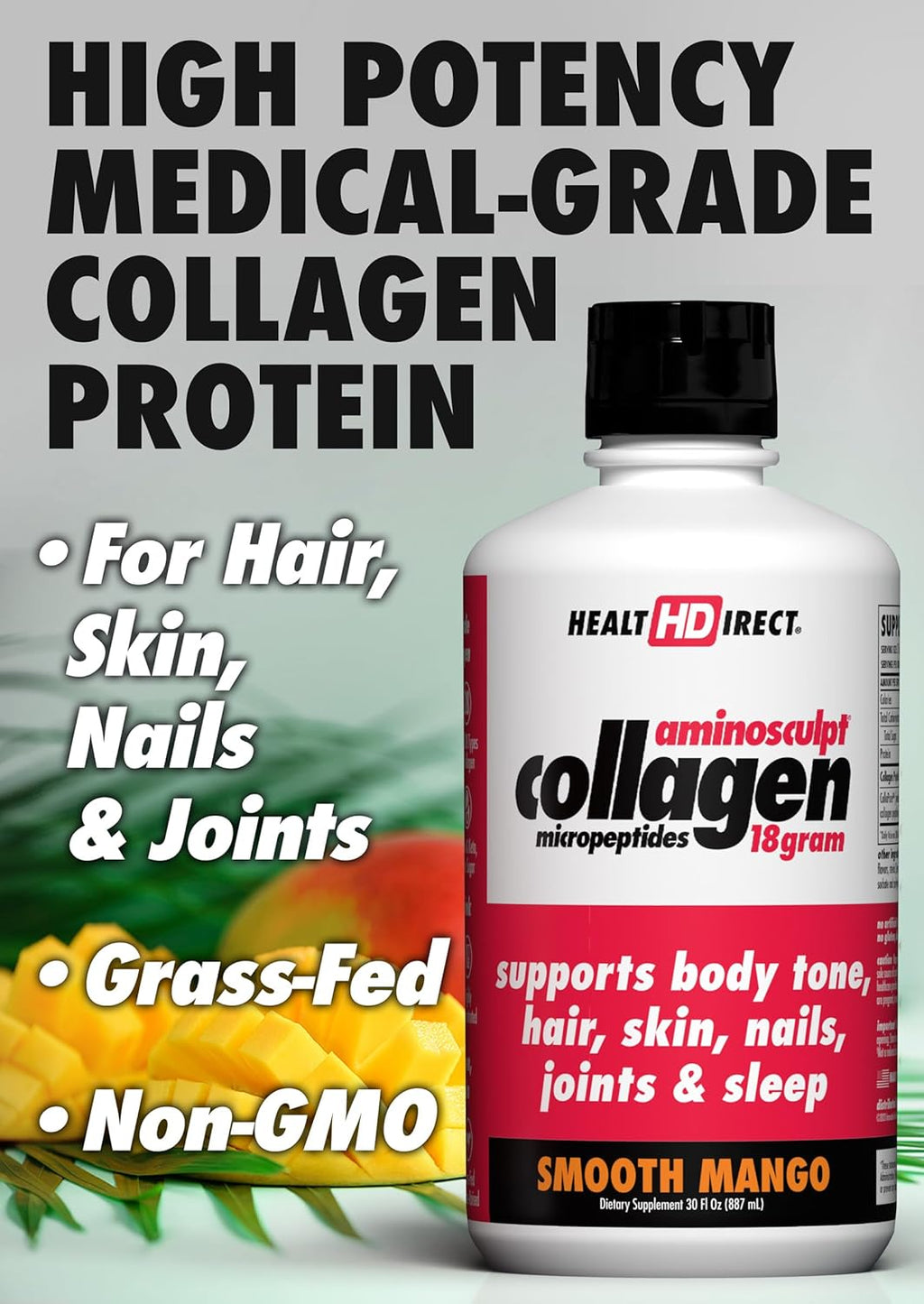 HEALTH DIRECT AminoSculpt Sugar-Free Collagen Supplement - High Potency Medical-Grade Protein for Hair, Skin, Nails & Joints, Grass-Fed, Non-GMO, Liquid Collagen - Smooth Mango - 30 Fl Oz