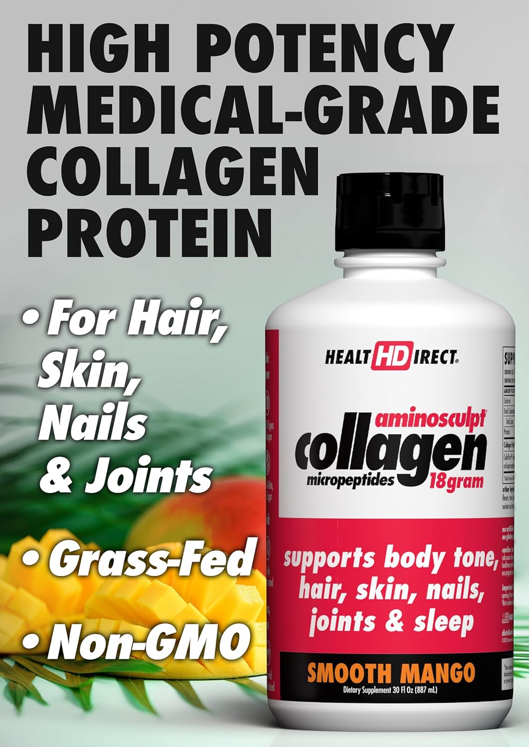 HEALTH DIRECT AminoSculpt Sugar-Free Collagen Supplement - High Potency Medical-Grade Protein for Hair, Skin, Nails & Joints, Grass-Fed, Non-GMO, Liquid Collagen - Smooth Mango - 30 Fl Oz