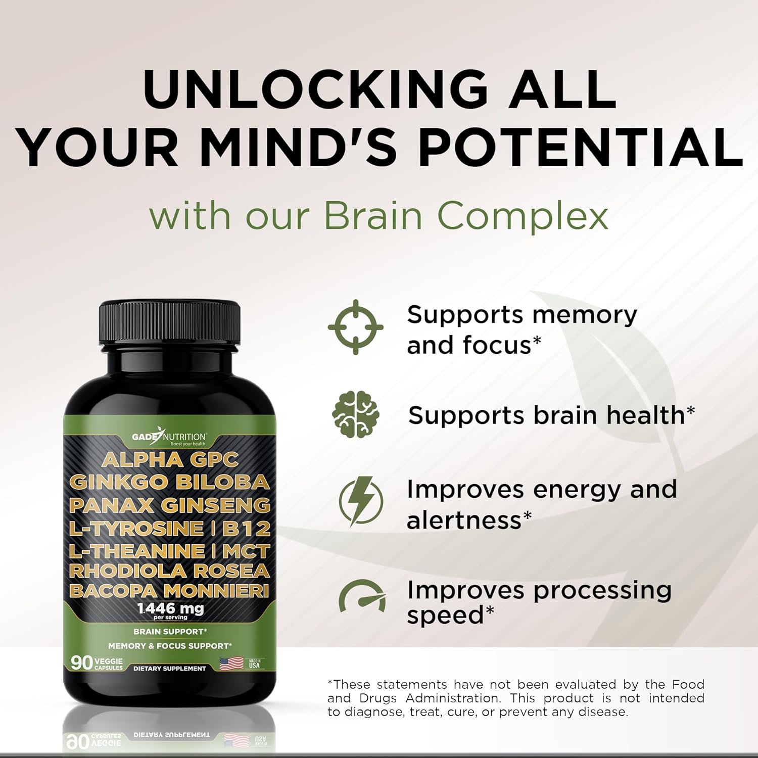 Gade Nutrition Alpha GPC + Ginkgo Biloba + Panax Ginseng + L- Tyrosine, L-Theanine, Bocopa Monnieri, Rhodiola Rosea, B12, MCT