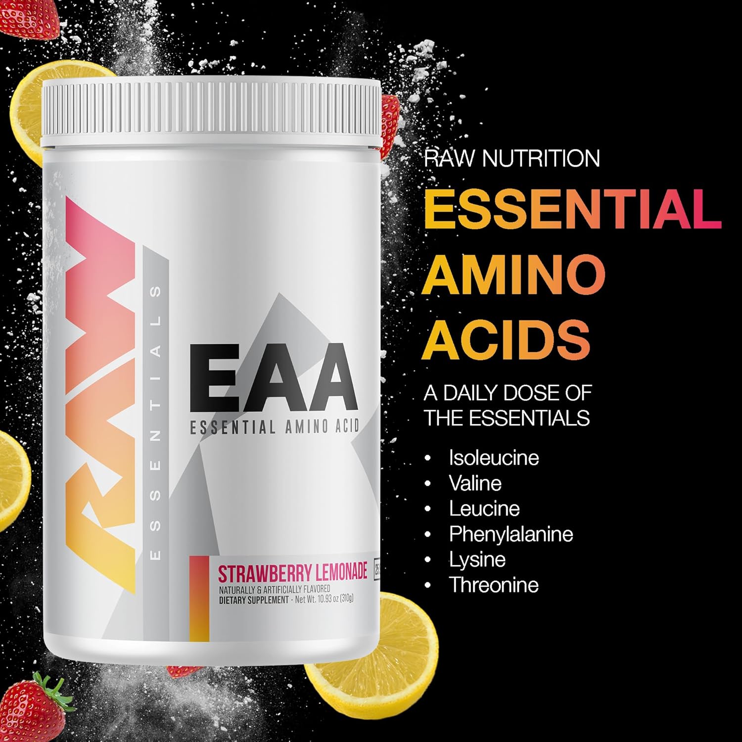 RAW EAA Amino Acids Powder, Strawberry Lemonade (25 Servings) - Pre Workout Amino Energy Powder for Strength, Endurance, Recovery & Lean Muscle Growth - BCAA Amino Acids Supplement for Men & Women