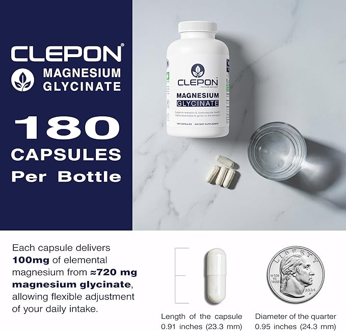 Magnesium Glycinate (100mg Elemental per Capsule) - 180 Capsules - High Absorption, Fully Chelated - Sleep Support, Relaxation, Muscle Cramps & Heart Health - 3rd Party Tested, Non-GMO, Vegan