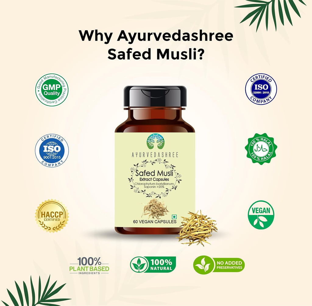 Safed Musli Extract 500mg - 60 Vegetarian Capsules | Chlorophytum Borivillianum | All Natural | 100% Vegan | Gluten-Free | GMP Certified.