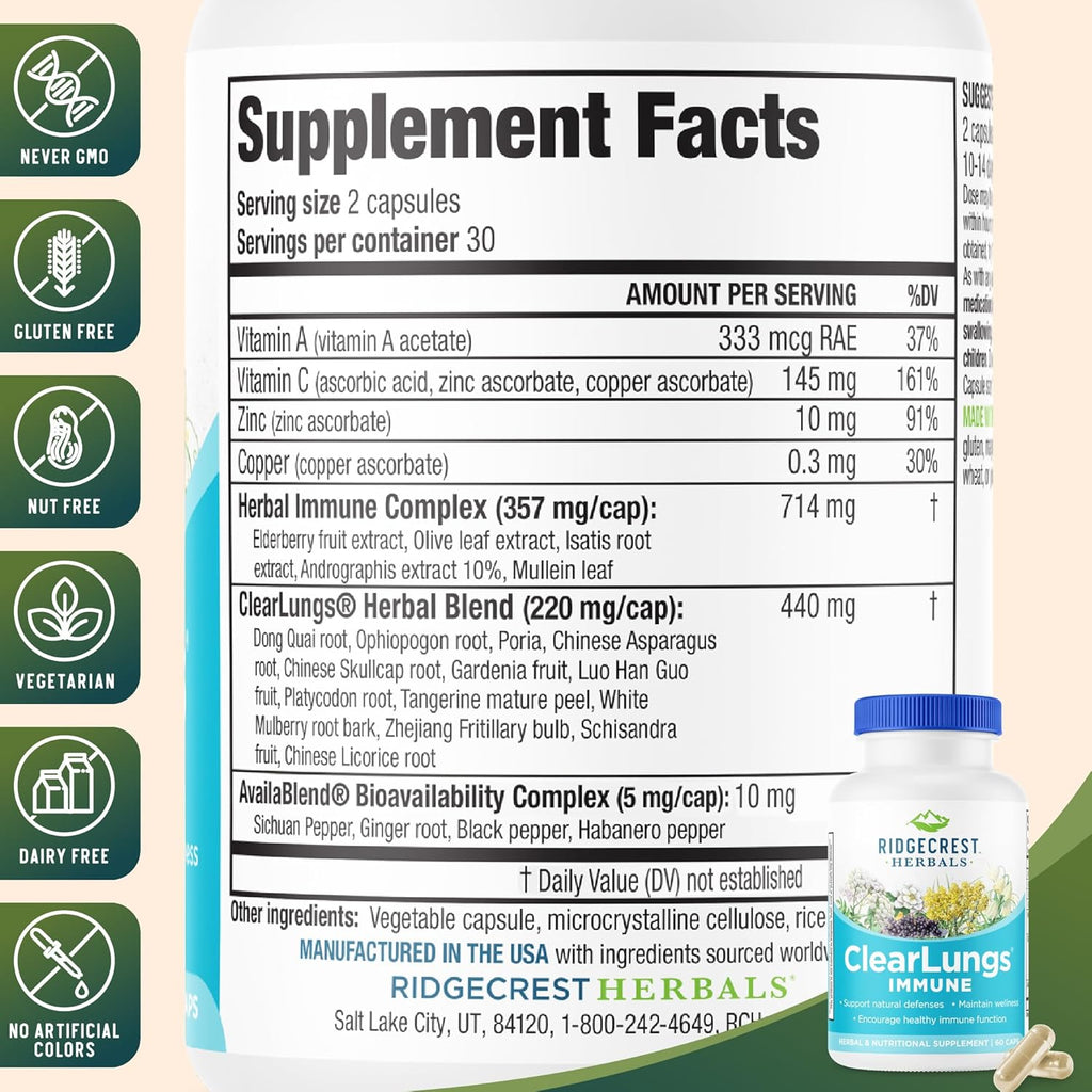 Ridgecrest Herbals ClearLungs Immune, Lung Support Supplement with Mullein, Elderberry, Zinc, Vitamin C, Vitamin A, Olive Leaf (60 Caps, 30 Serv)