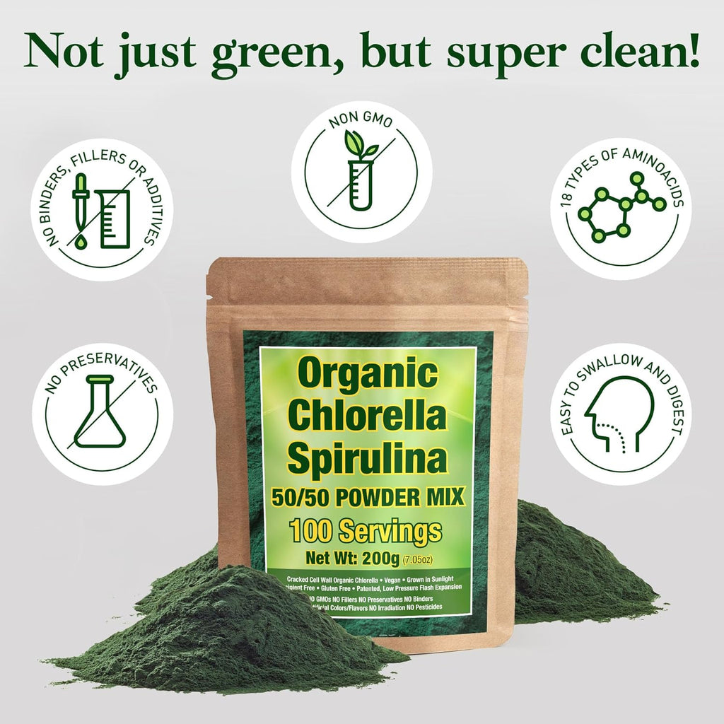 Good Natured Organic Spirulina and Chlorella Powder 50/50 Mix - 3 Month Supply - Vegan & Non-GMO Chlorella and Spirulina Powder