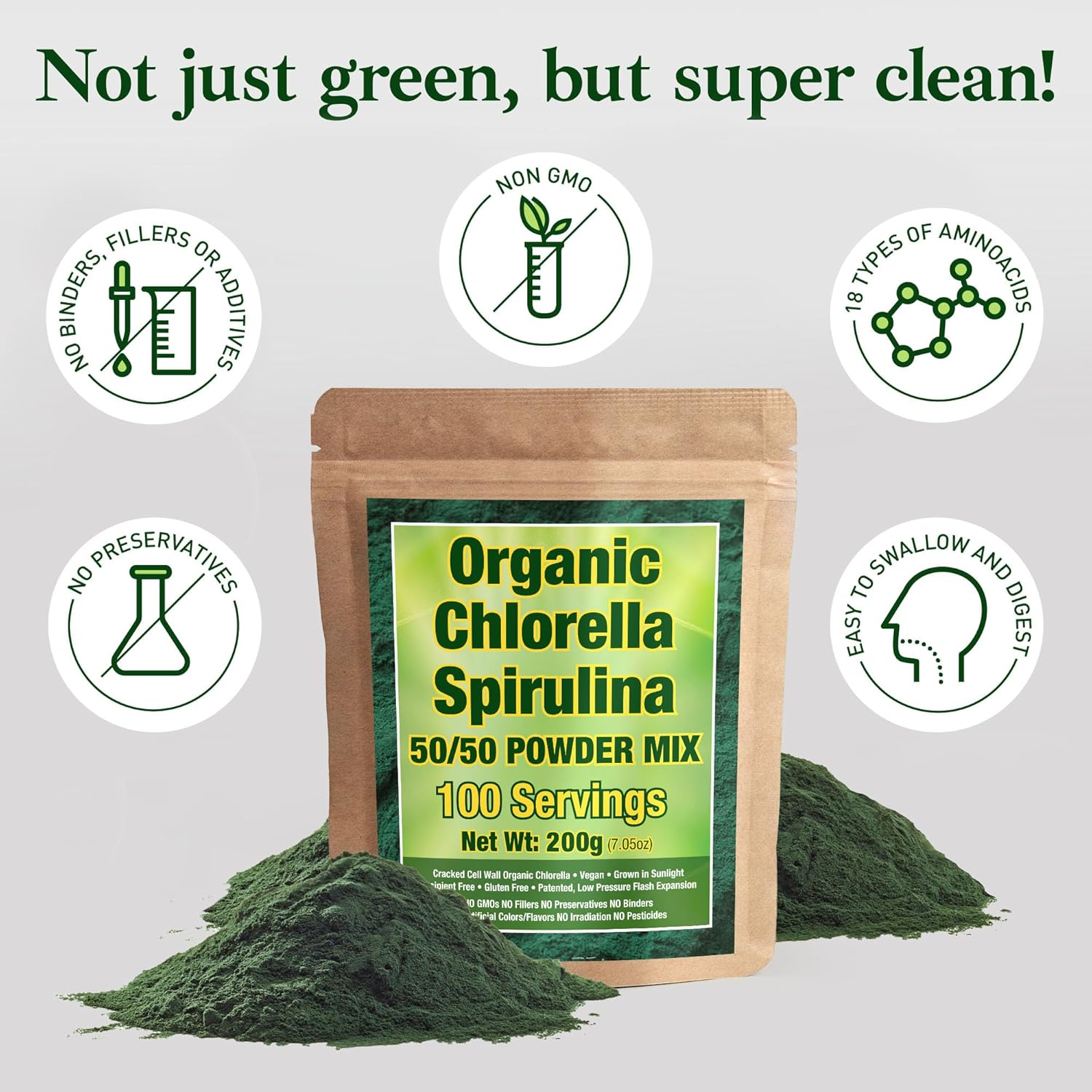 Good Natured Organic Spirulina and Chlorella Powder 50/50 Mix - 3 Month Supply - Vegan & Non-GMO Chlorella and Spirulina Powder