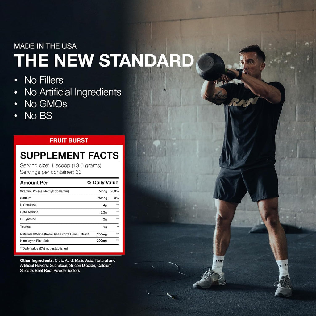 RAW Essential Pre-Workout Powder (Fruit Burst) - Chris Bumstead Sports Nutrition Supplement for Men & Women - Preworkout Energy Powder with Caffeine, L-Citrulline, L-Tyrosine, & Beta Alanine Blend