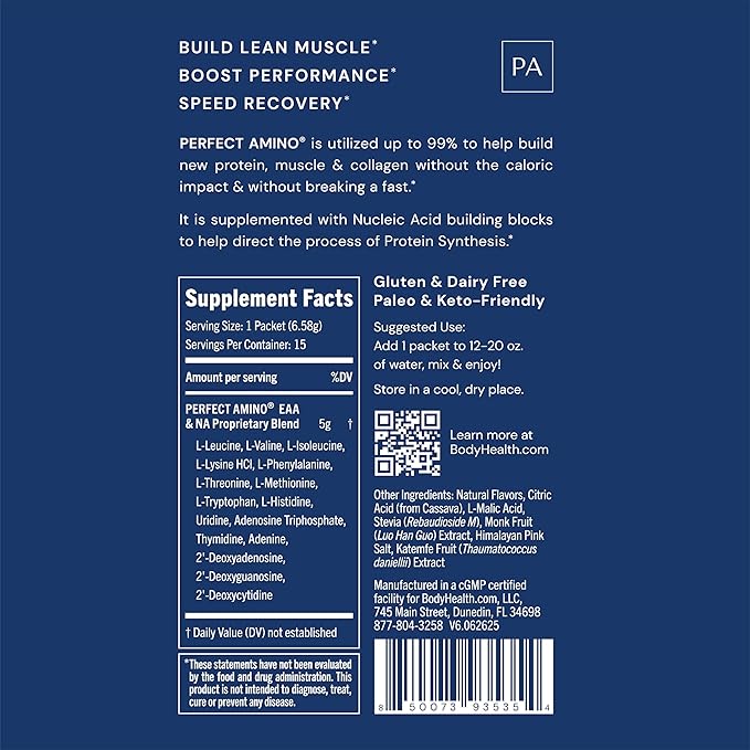 BodyHealth PerfectAmino Powder - BCAA and EAA Powder for Pre and Post Workout - Amino Acid Energy Drink for Men and Women to Support Lean Muscle and Recovery - Mixed Berry - Stick Packs - 15 Servings