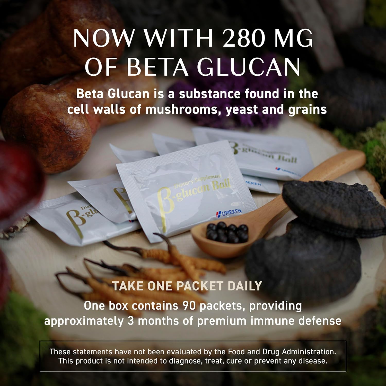Umeken Beta Glucan, Immune Boost, Mushroom Extract, Dietary Supplement, Blend of 9 Premium Mushroom Extract Packets, Easy to Take Beta Glucan Supplements, 6 Month Supply, 90 Count Box, Pack of 2