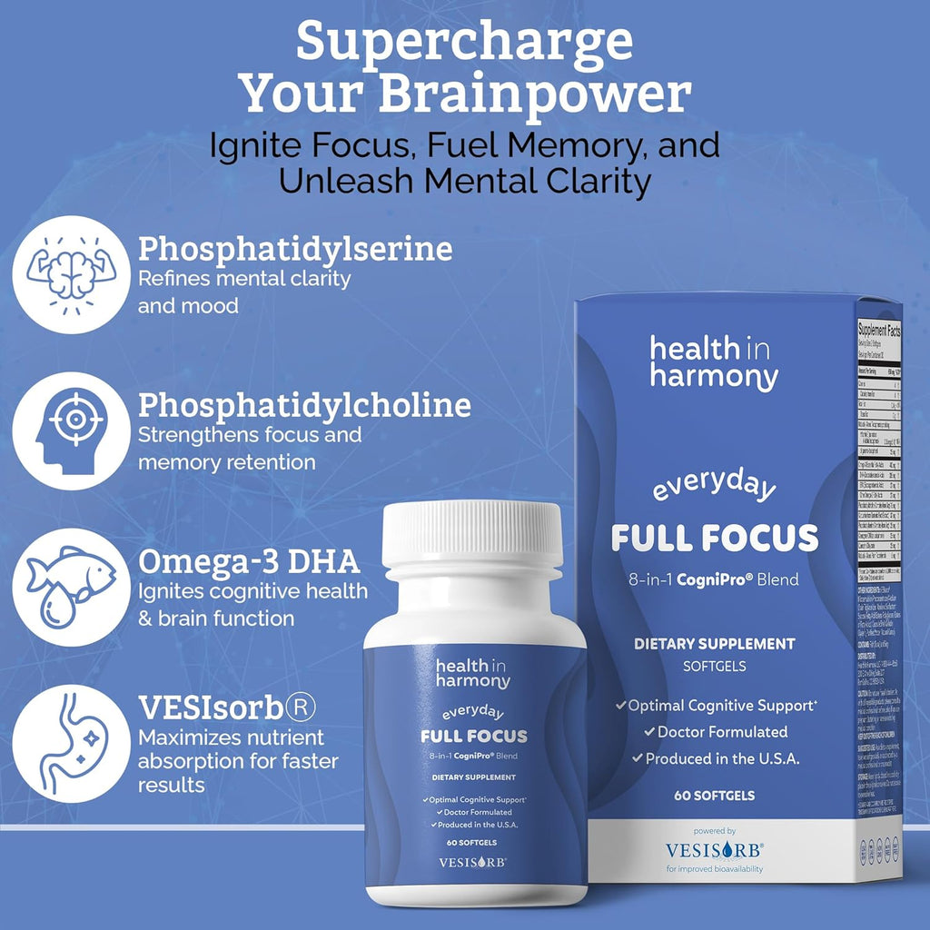 Everyday Full Focus - 8 Super Antioxidants for Cognitive Support (Omega-3 DHA, Phosphatidylcholine & Phosphatidylserine) & utilizes VESIsorb® (60 ct)