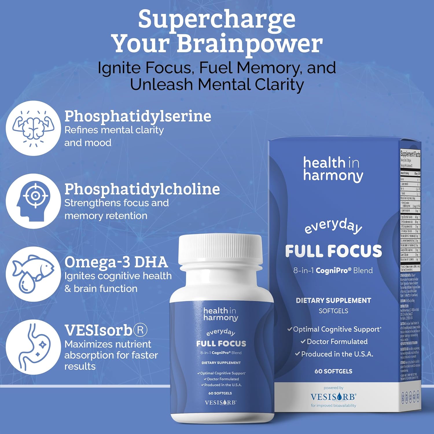 Everyday Full Focus - 8 Super Antioxidants for Cognitive Support (Omega-3 DHA, Phosphatidylcholine & Phosphatidylserine) & utilizes VESIsorb® (60 ct)