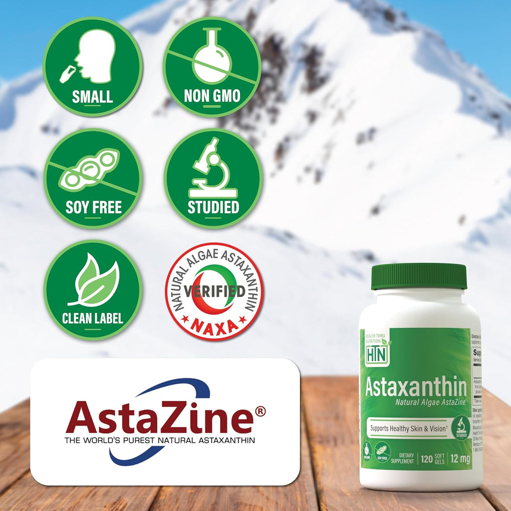 Health Thru Nutrition Astaxanthin Triple Strength 12mg Supplement 120 Softgels | AstaZine from Algae Organically Grown in Pristine Himalayan Water | Skin and Vision Support