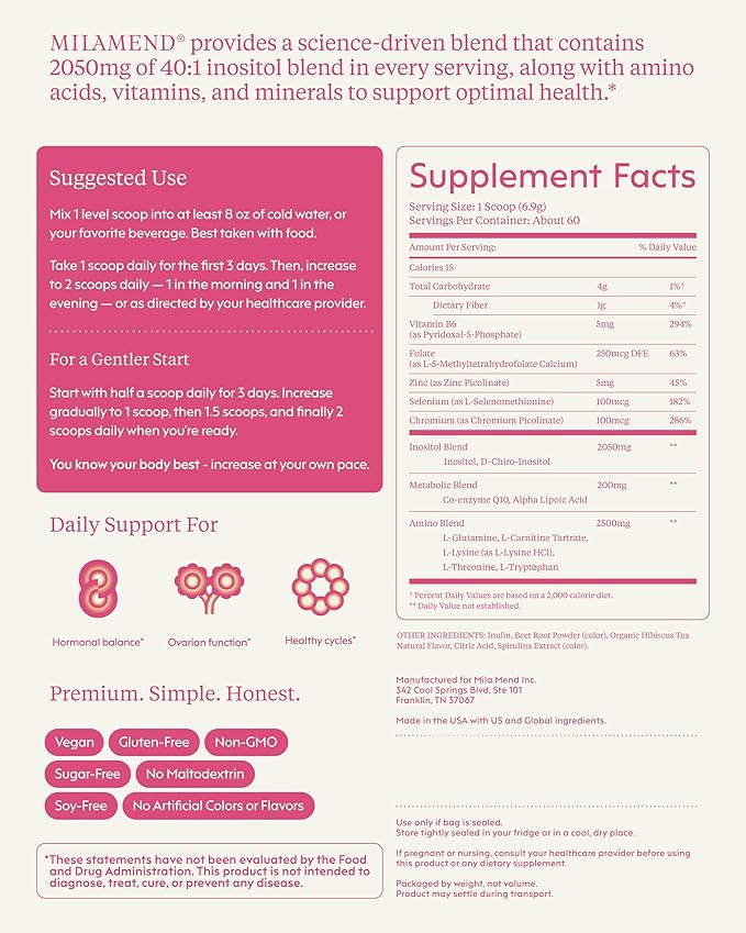 milamend Hormone Balance for Women 40:1 Myo-Inositol D-Chiro Inositol Supplement + CoQ10, ALA, & Amino Acids – Fertility, Ovarian & Cycle Support – Unsweetened Hibiscus Tea Powder – 30-Day Supply