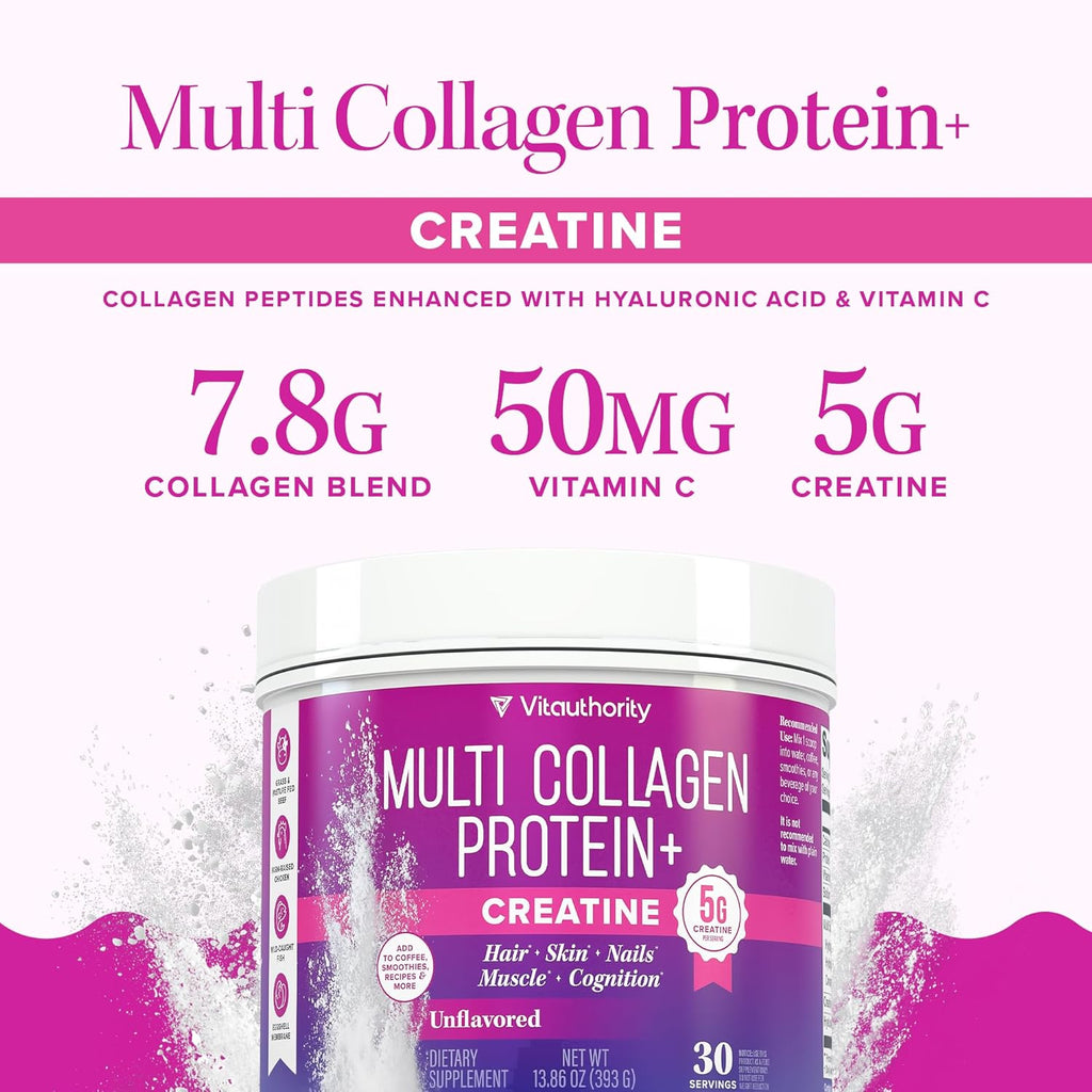Multi Collagen Protein + Creatine | 5g Creatine Monohydrate with Collagen Types I, II, III, V & X | Hair, Skin, Nail, Muscle & Performance Support | Vitamin C & Hyaluronic Acid, 30 Servings Unflavored