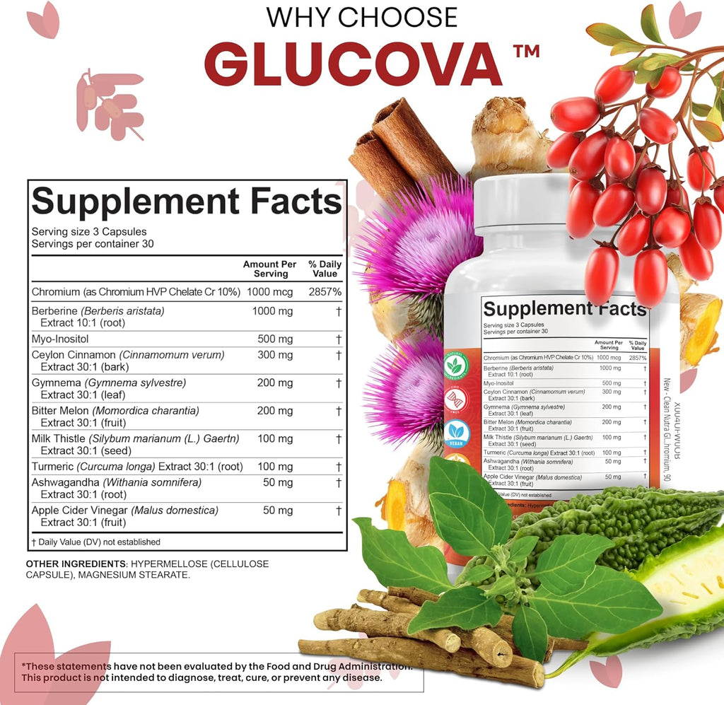 Clean Nutra Glucova, All-in-One Blood Sugar Support Supplement with Berberine, Ceylon Cinnamon, Gymnema, Chromium, 90 Capsules