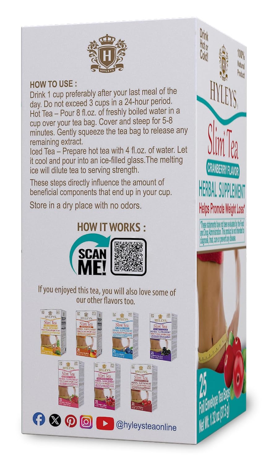 Hyleys Slim Tea Cranberry Flavor - Weight Loss Herbal Supplement Cleanse and Detox - 25 Tea Bags (6 Pack)