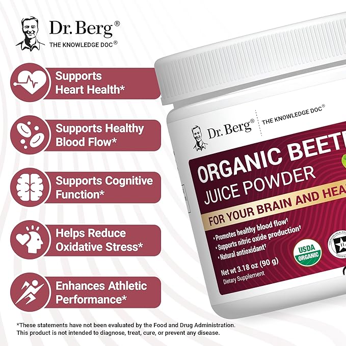 Dr. Berg Raw Organic Beet Powder from Real Earth-Grown Beets – USDA Certified Organic Beet Root Powder to Support Nitric Oxide Levels, Energy, Blood Flow, & Heart Health* – 30 Servings
