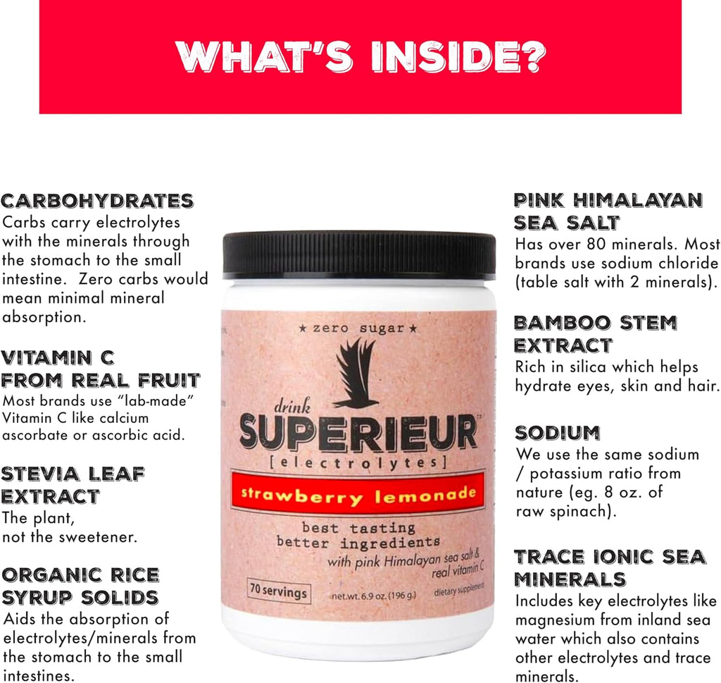 Superieur Electrolyte Powder Packets- Vegan Electrolyte Hydration Powder w/Sea Minerals- Keto Friendly, Non-GMO, Zero Sugar Electrolyte Supplement-Healthy Sports Drink-Strawberry Lemonade (14 Packets)