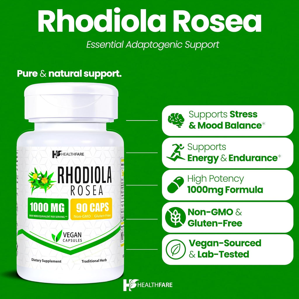 Healthfare Rhodiola Rosea Supplement 1000mg | 90 Vegan Capsules | Extra Strength Adaptogenic Herb Formula | Supports Energy, Stress & Focus | Non-GMO, Gluten-Free | Made in USA