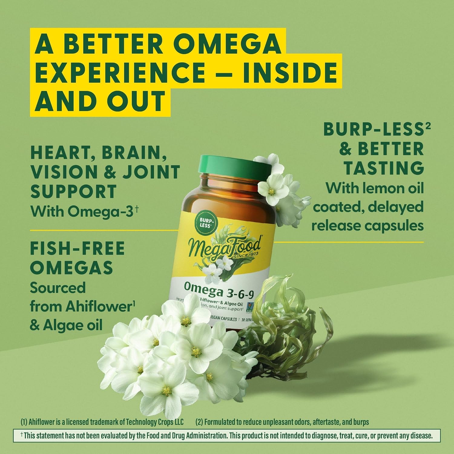 MegaFood Vegan Omega 3 6 9 - Burp-Less Supplement - 600 mg Plant-Based Omega-3 & 150 mg DHA Per Serving - Heart, Brain, Vision & Joint Support - Fish Oil Alternative - 60 Capsules, 30 Servings
