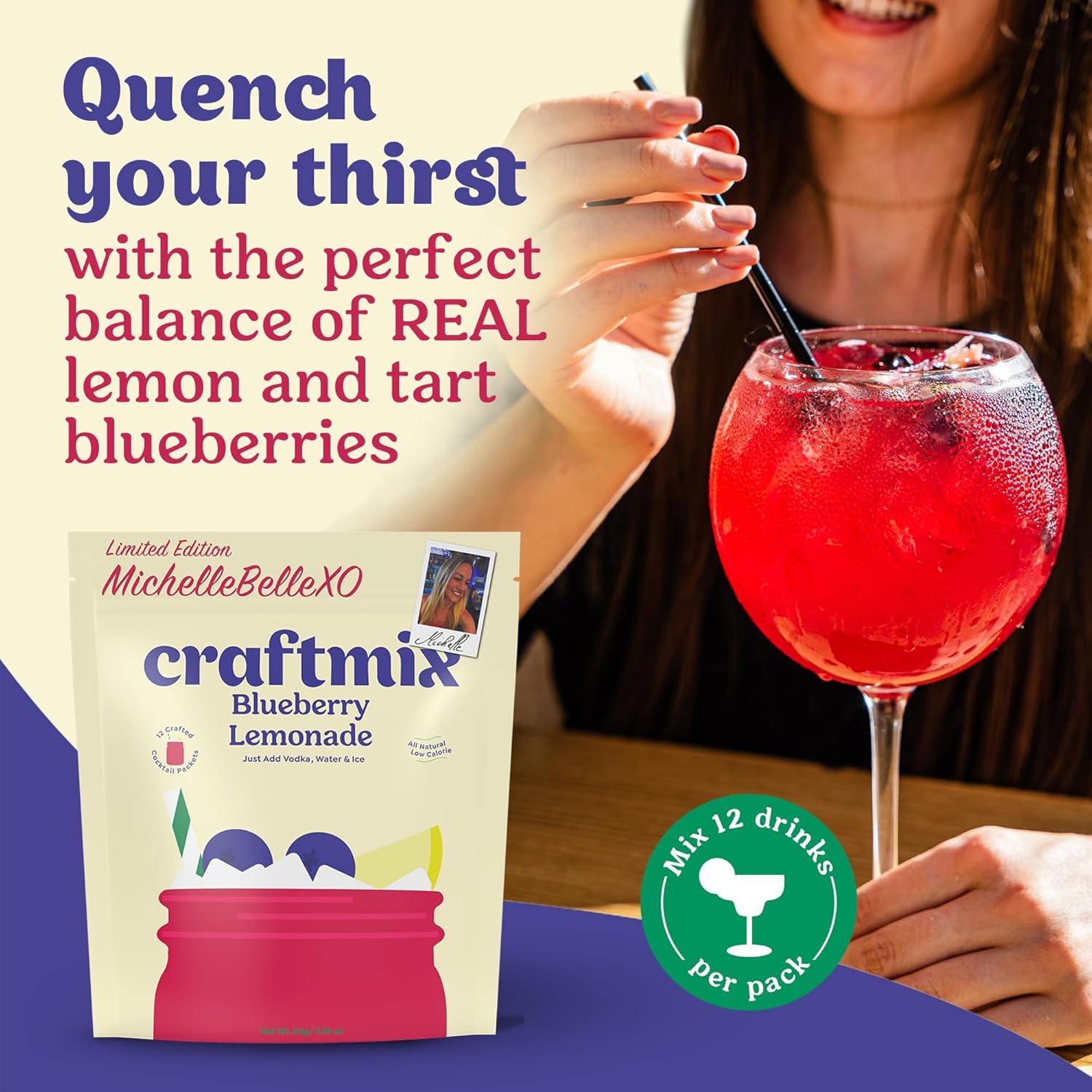 Craftmix Blueberry Lemonade Mix, 12 Packets, Easy Powder Drink with Real Fruit, Low-Sugar, Vegan, Low-Carb, Non-GMO, Dairy-Free, Gluten-Free, Flavored Water Enhancer, On-the-Go Water Flavoring Packets