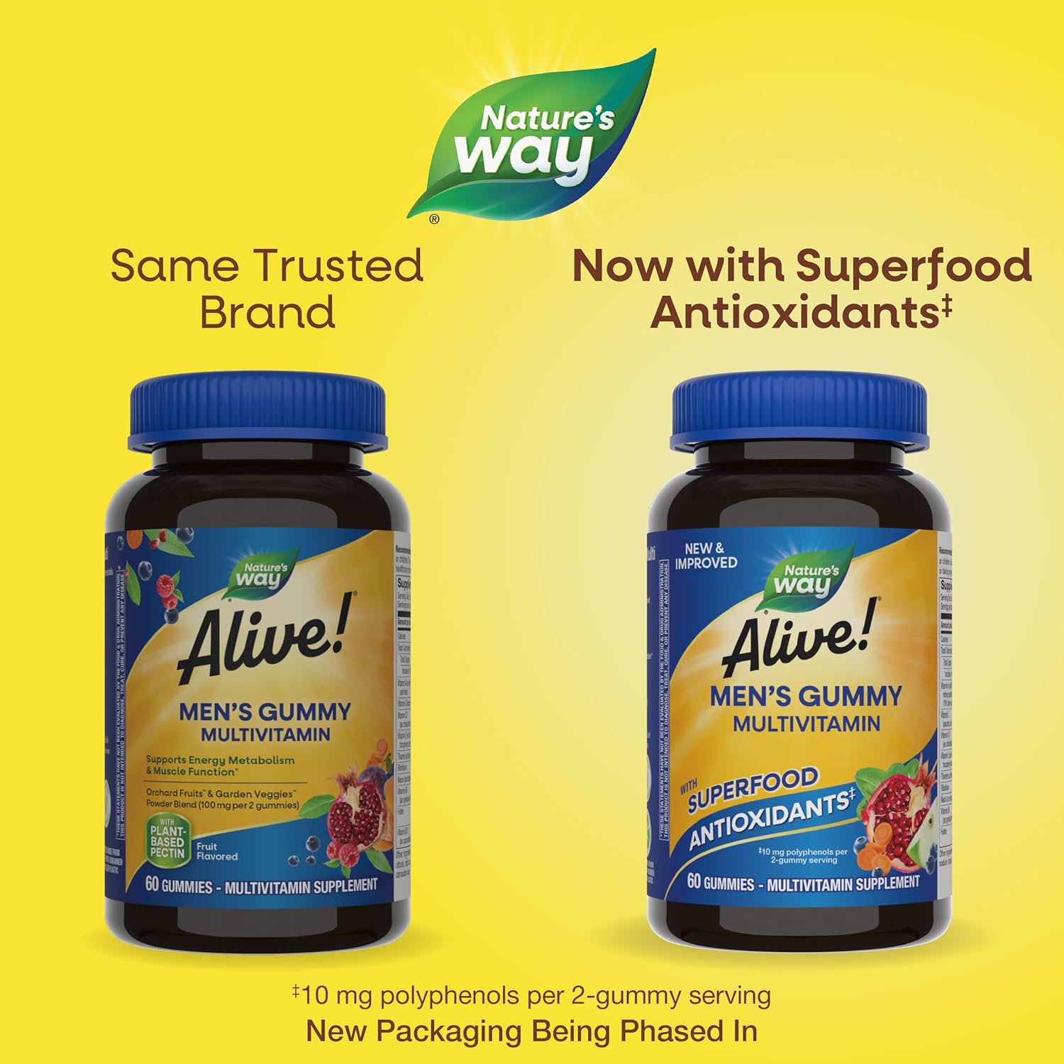 Nature's Way Alive! Men's Multivitamin Gummies, Supports Energy Metabolism*, Muscle Function*, Superfood Antioxidants(1), B-Vitamins, Vegetarian, Fruit Flavored, 60 Gummies (Packaging May Vary)