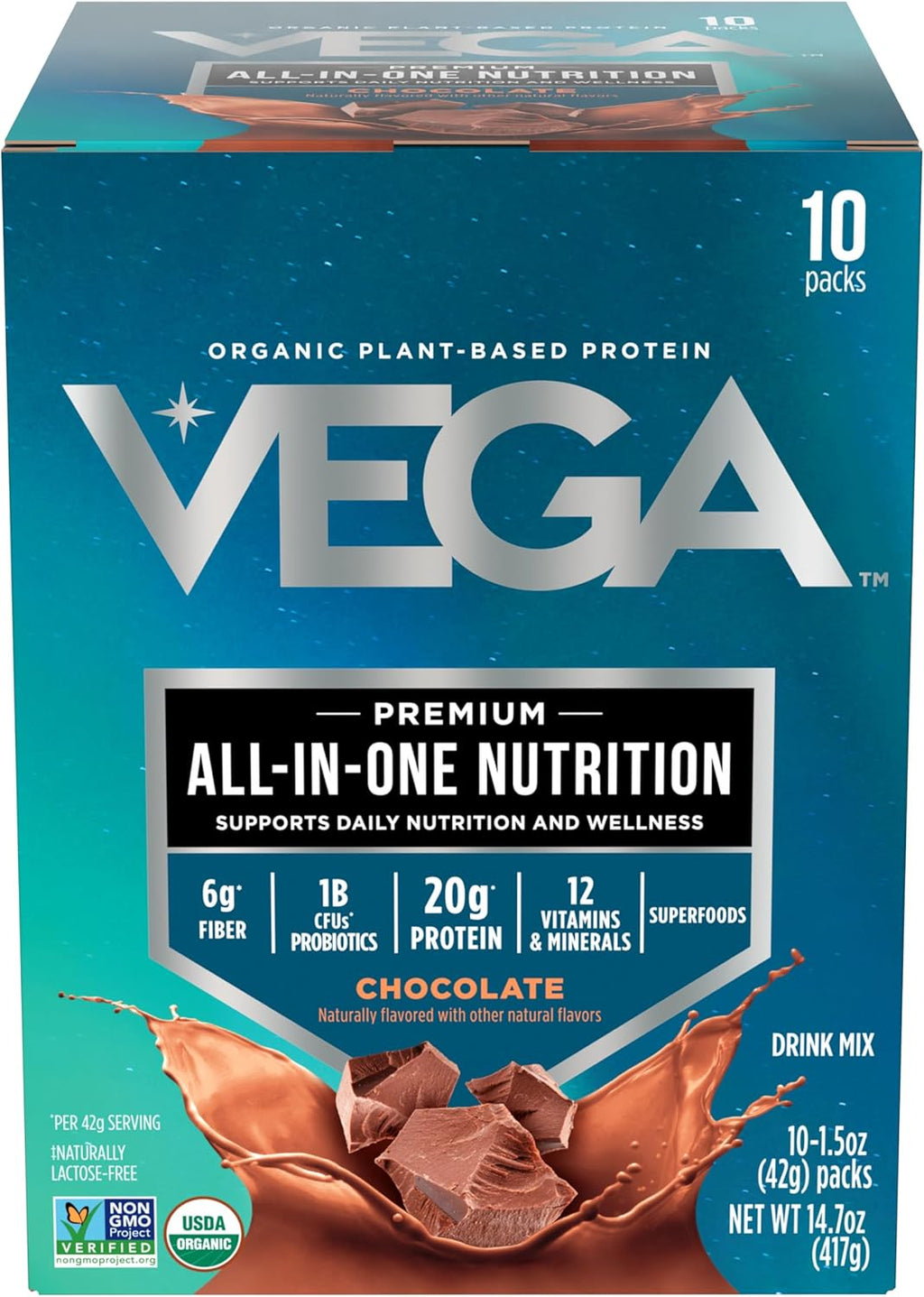 Vega Organic All-in-One Vegan Protein Powder, Chocolate - Superfood Ingredients, Vitamins for Immunity Support, Keto Friendly, Pea Protein for Women & Men, 14.7 oz (Packaging May Vary)