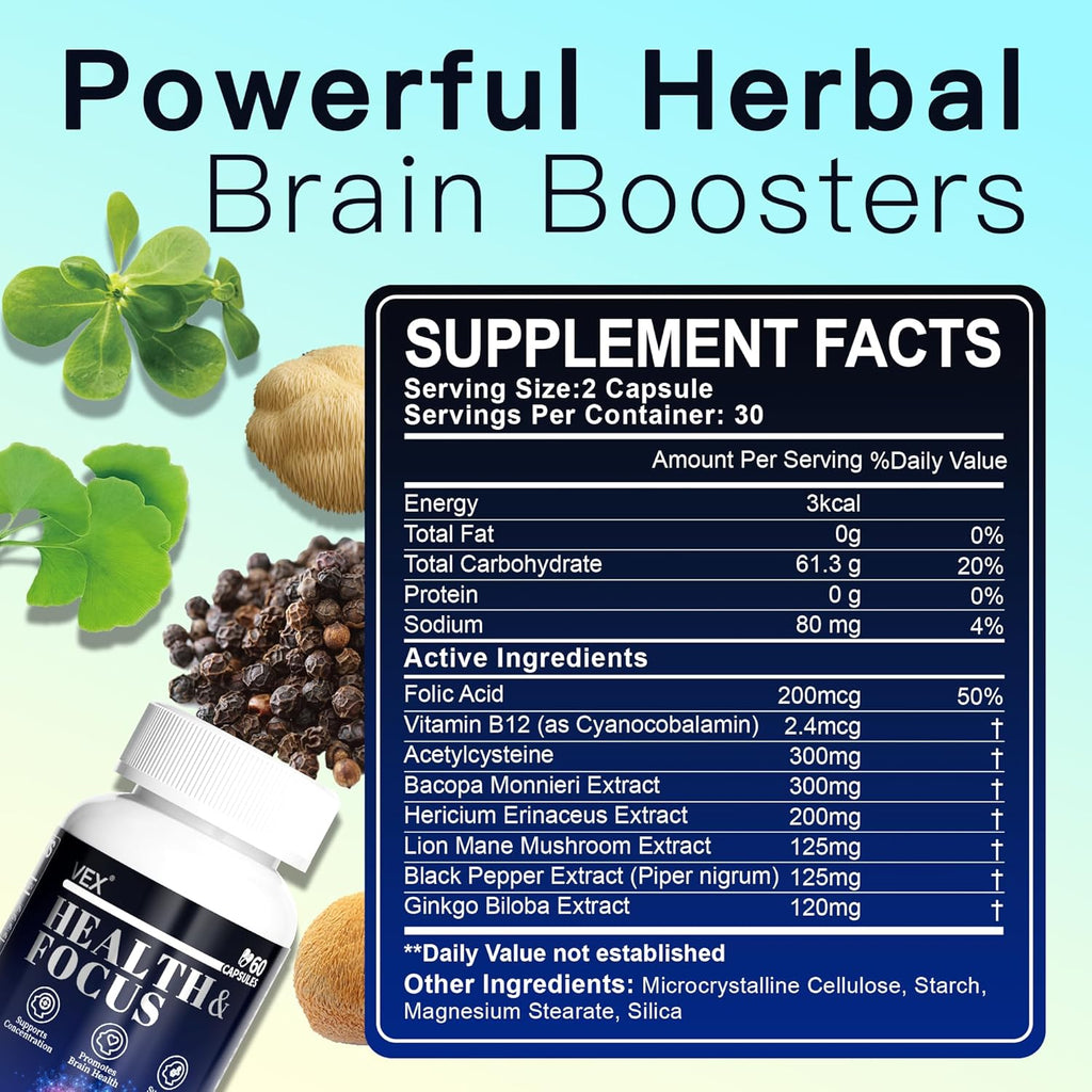 VEX Brain Supplements for Memory and Focus. Contain Vitamin B12, folic Acid, acetylcysteine, Purslane, Lion's Mane Mushroom, and Ginkgo biloba extracts—for Brain Health. 60 Capsules.