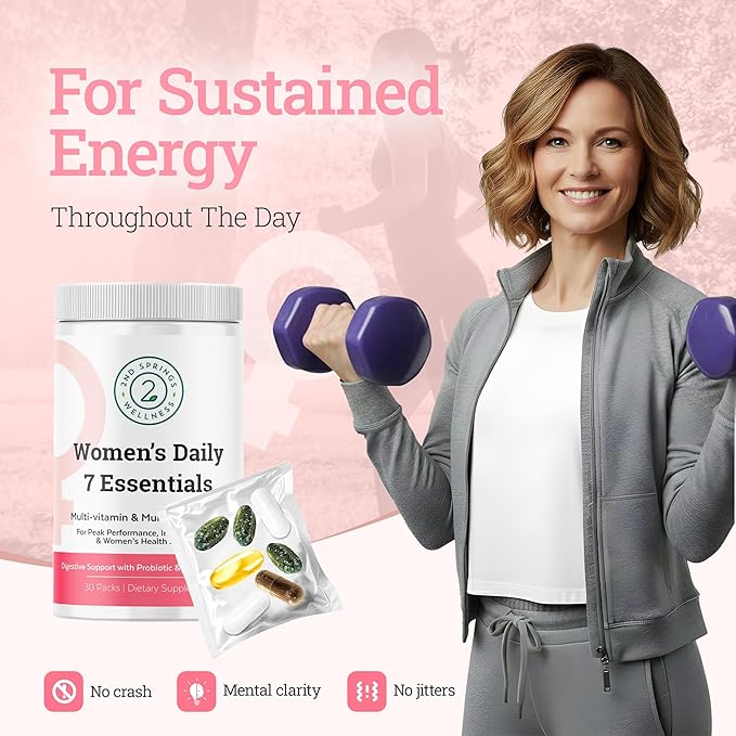 Daily 7 Essentials Women's Vitamin Pack -7 Pack Complete Women's Multivitamin Packet with Energy, Metabolism, Immune System, Female Health Support with Probiotics, More