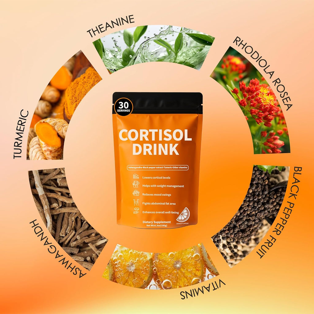 Cortisol Drink Powder - Natural Cortisol Supplements for Ashwagandha, L-Theanine, Turmeric Root, Black Pepper Extract, Relaxation, Focus, Mental Clarity