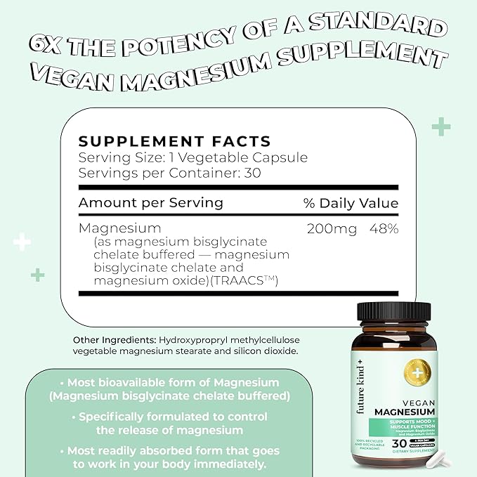 Future Kind Magnesium Glycinate, Supports Muscle and Nerve Function, High Absorption Chelated Magnesium Supplement, Nightly Calm, Energy & Metabolism, Highly Bioavailable & Potent - 30 Vegan Capsules
