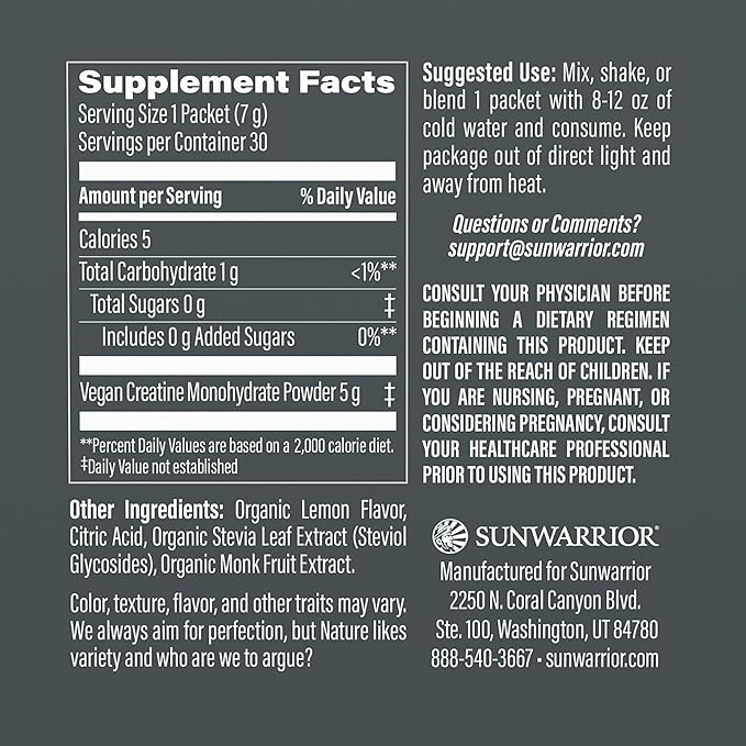 SUNWARRIOR Lemonade Active Creatine Stick Pack 30ct, 0.24 OZ