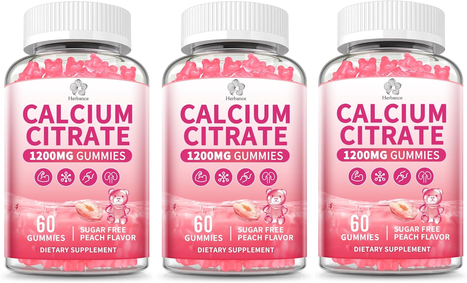 (3 Pack) Calcium Citrate Gummies 1200 mg for Adults, High Absorption Calcium Supplement for Women & Men, Sugar Free, Non-GMO, Gluten Free, Supports Muscle & Immune - Natural Peach Flavor