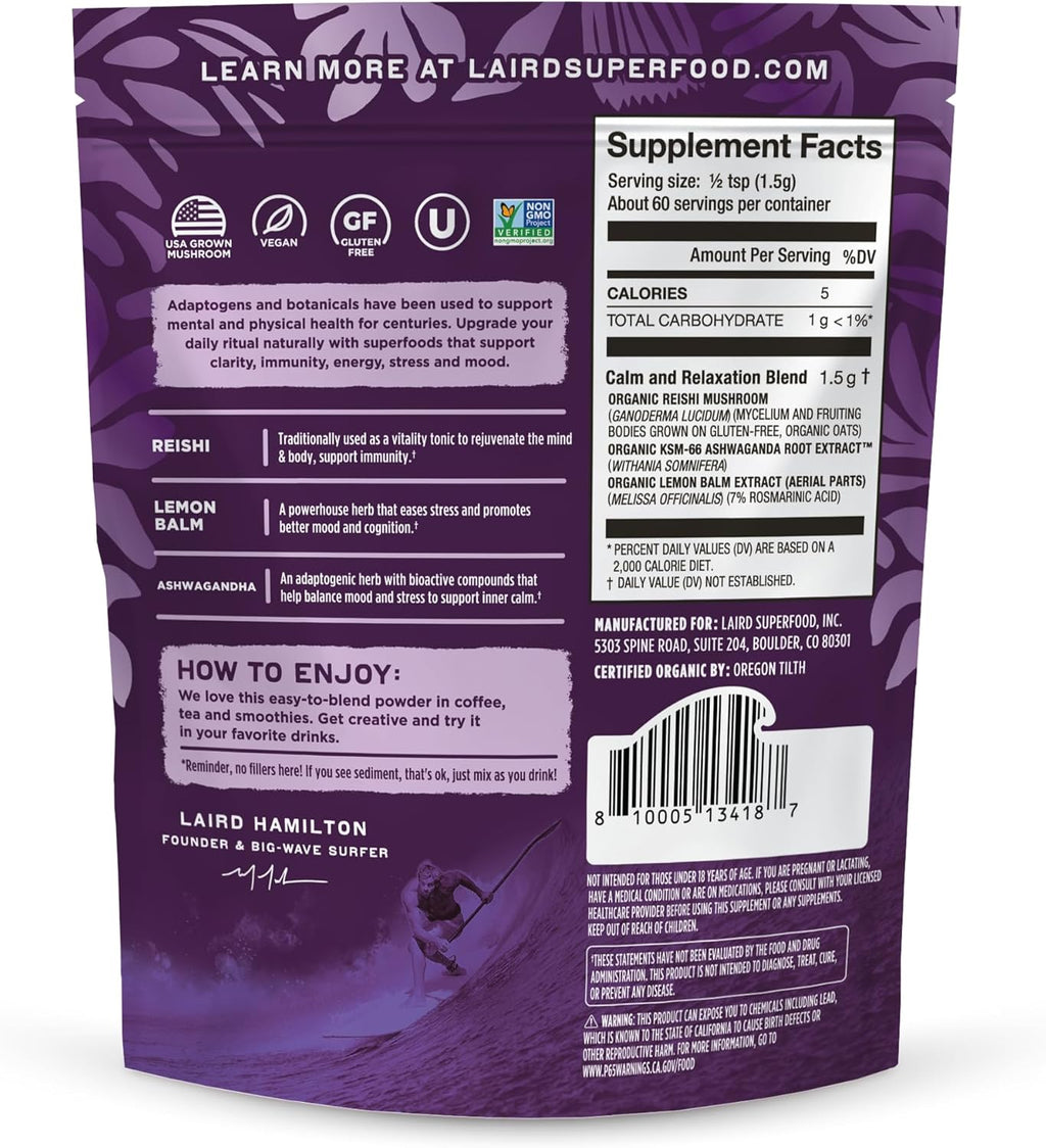Laird Superfood Organic Calm and Relax Mushroom Blend with Reishi, Lemon Balm, and Ashwagandha, 3.17 oz. Bag, Pack of 1