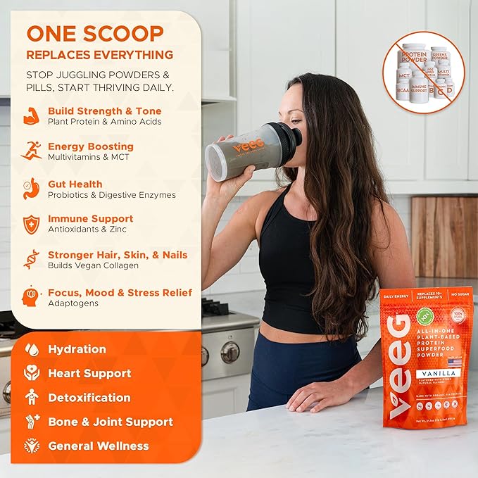Veeg All in One Protein Smoothie Powder – Vegan Protein Powder & Collagen Boost. Organic Pea Protein, MCT, Probiotics & Multivitamin. One Scoop Daily Energy, Wellness & Balance 15 Servings (Vanilla)