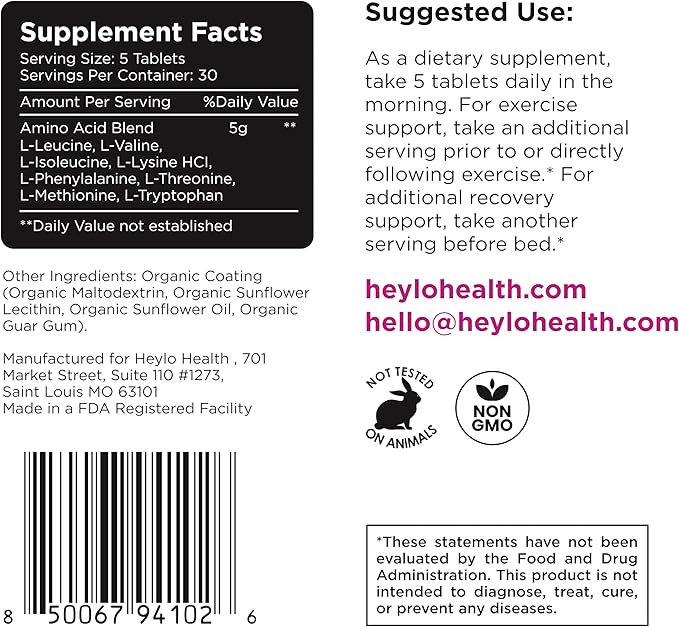 Heylo Amino+ Acid Supplement Blend - Essential Amino Acids with BCAAs for Muscle Recovery, Energy, and Protein Synthesis | Healthy Skin & Joints - Vegan, Non-GMO, 150 Tablets