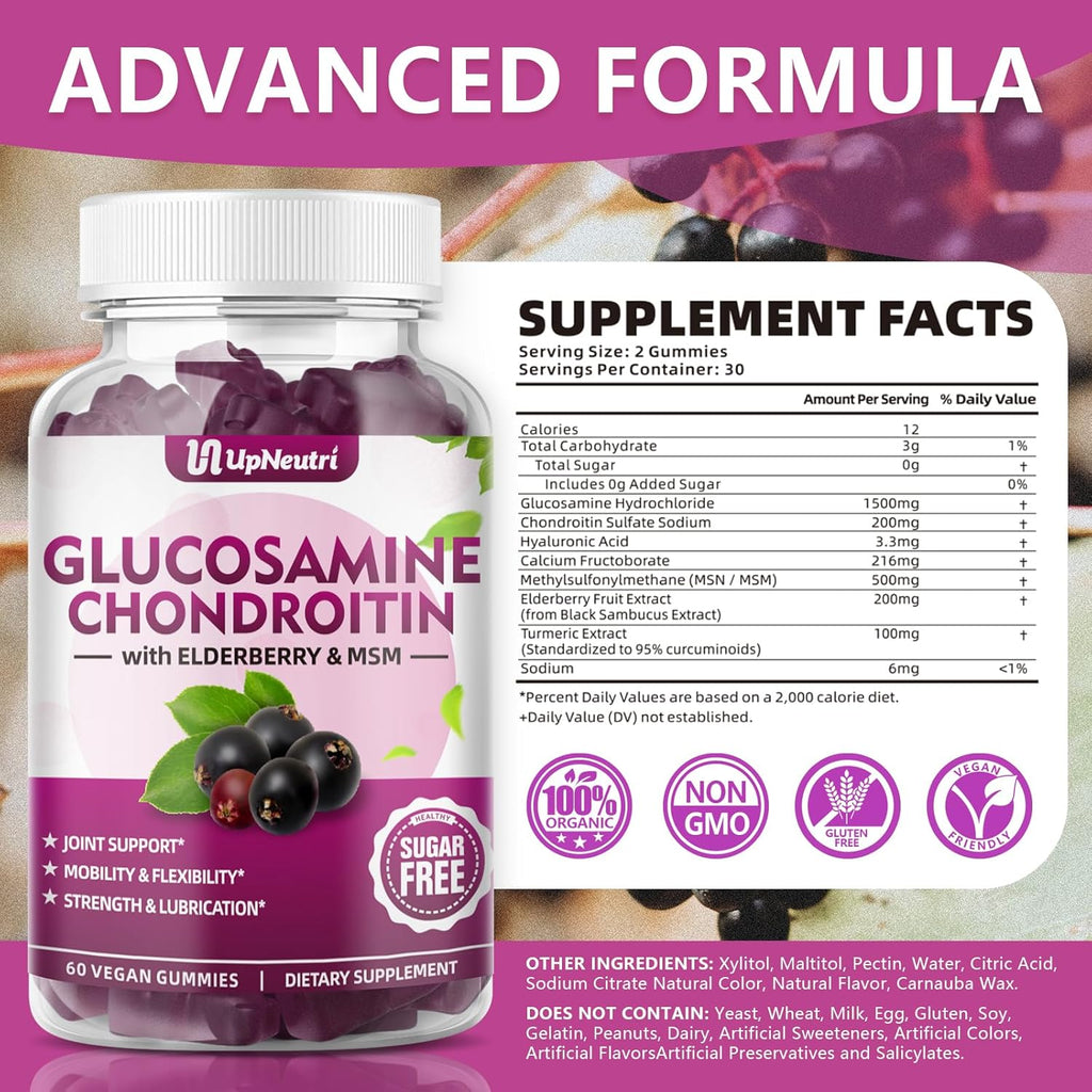 GGlucosamine Chondroitin Gummies Sugar Free, Extra Strength 1500mg Glucosamine with Chondroitin MSM & Turmeric, Joint Support Supplement for Men & Women Joint Health (120 Count (Pack of 2))