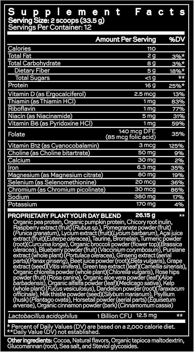 Hush & Hush PlantYourDay, Vegan Super Greens with Pea Protein Powder Contains Broccoli, Fiber, Magnesium, Folic Acid, Cinnamon, Psyllium Husk Powder, Prebiotics and Probiotics, Gluten Free - 14.18 oz