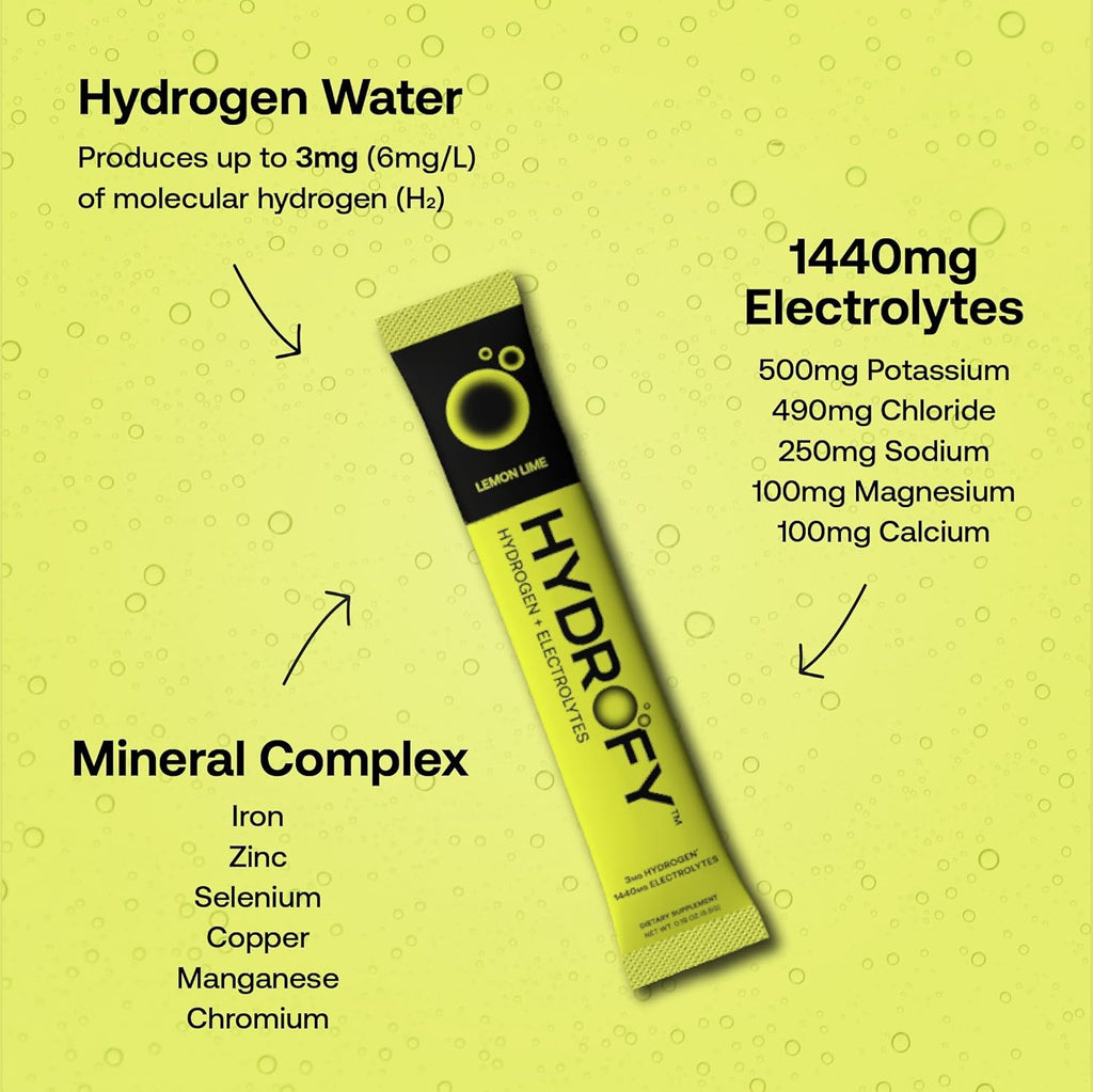 Hydrofy Hydrogen Water + Electrolytes Drink Mix - Variety Pack | H2 Hydration Packets with Molecular Hydrogen, Sodium, Potassium, Magnesium | Lemon Lime, Raspberry, Orange + Caffeine | 12 Count