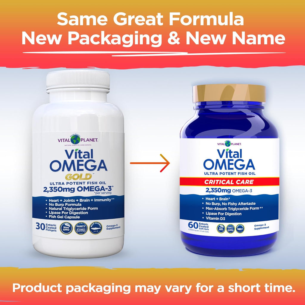 Vital Planet - Vital Omega 3 Fish Oil Critical Care Supplement with 2350mg of High Potency Wild Caught Omega 3 Fatty Acid Supplements EPA DHA and DPA for Heart Health 60 Softgels (Packaging May Vary)