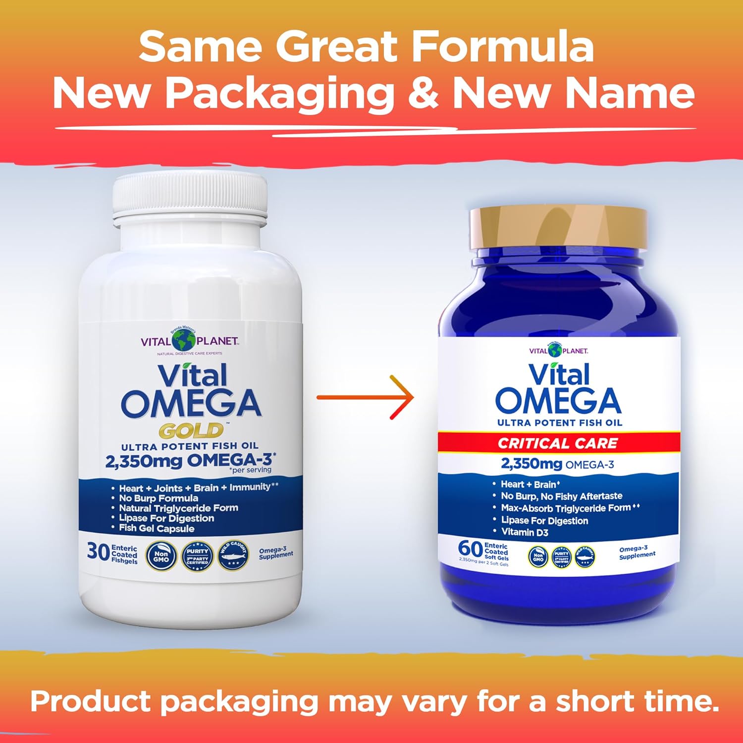 Vital Planet - Vital Omega 3 Fish Oil Critical Care Supplement with 2350mg of High Potency Wild Caught Omega 3 Fatty Acid Supplements EPA DHA and DPA for Heart Health 60 Softgels (Packaging May Vary)