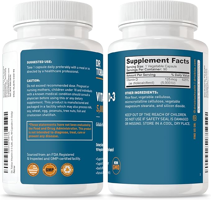 Dr. Tobias Vitamin D3 5000 IU, Essential for Healthy Bones, Teeth, and Immune System, Extra Strength Vitamin D Supplement, Non-GMO, 90 Capsules, 90 Servings